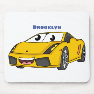 Tapis De Souris Caricature de voiture sport jaune joyeux