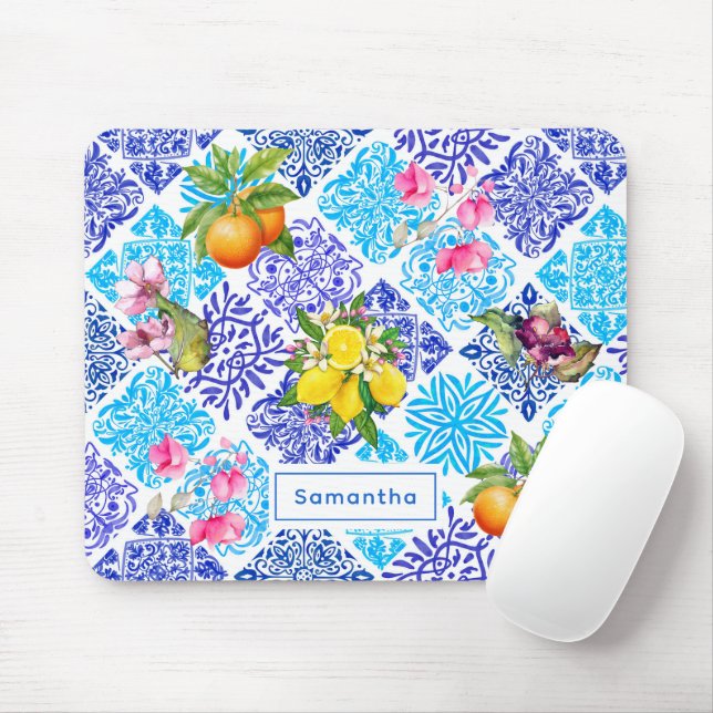 Tapis De Souris Carreaux d'azulejos méditerranéens fleuris d'agrum (Avec souris)