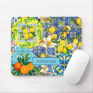 Tapis De Souris Carreaux fleuris d'agrumes siciliens bleu chic