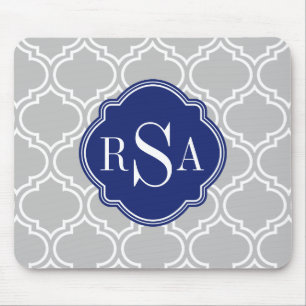 Tapis De Souris Carreaux gris Motif Monogramme bleu