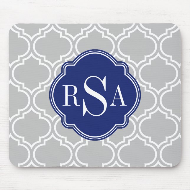 Tapis De Souris Carreaux gris Motif Monogramme bleu (Devant)