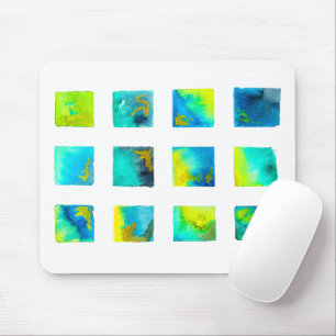 Tapis De Souris carrés bleus et verts à l'aquarelle