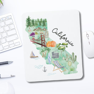 Tapis De Souris Carte artistique de l'État de Californie à l'aquar