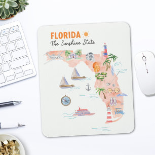 Tapis De Souris Carte artistique de l'État de Floride à l'aquarell
