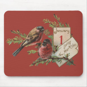 Tapis De Souris Carte de vacances antique d'oiseaux de Nouvel An