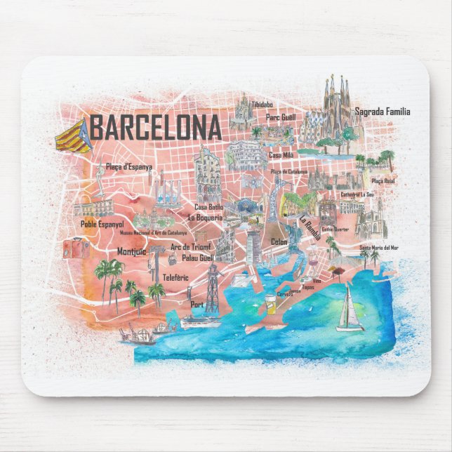 Tapis De Souris Carte de voyage illustrée de Barcelone avec routes (Devant)