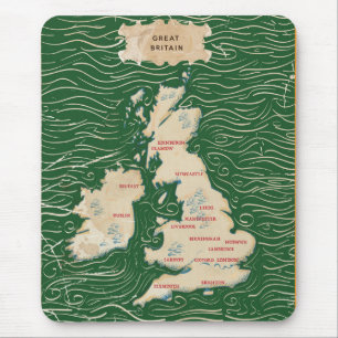 Tapis De Souris Carte du Royaume-Uni Affiche verte vintage