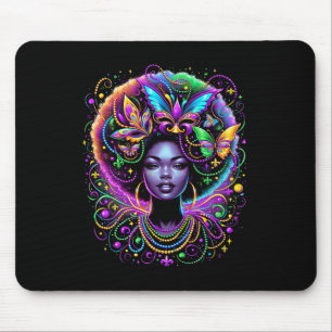 Tapis De Souris Carte Masque de perles de papillon afro-Queen noir
