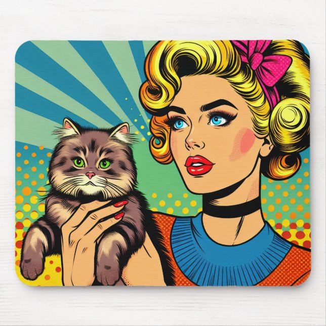 Tapis De Souris Cartoon Comic Pop Art Femmes tenant un chat (Devant)