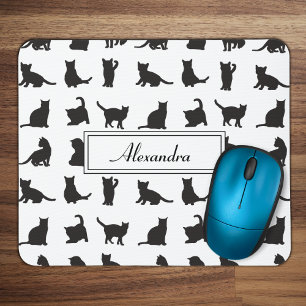 Tapis De Souris Cats in Black Silhouette Pattern with First Name
