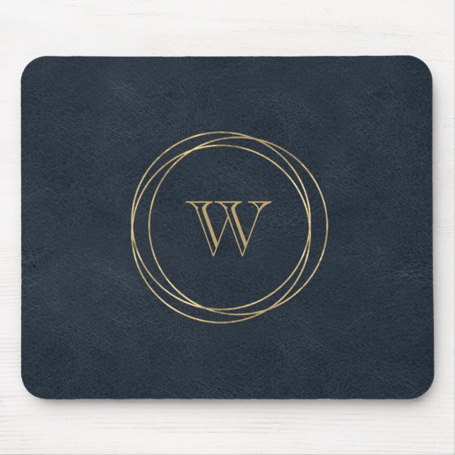 Tapis De Souris Cercles d'or Monogramme bleu foncé (Devant)