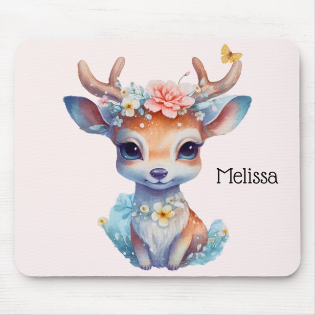 Tapis De Souris Cerf de Bébé mignon avec Antlers et Fleurs (Devant)