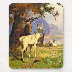 Tapis De Souris Cerf Rouge Et Blanc Près D'Un Étang De Forêt