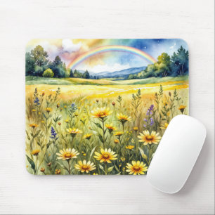 Tapis De Souris Champ de fleurs sauvages avec arc-en-ciel en aquar