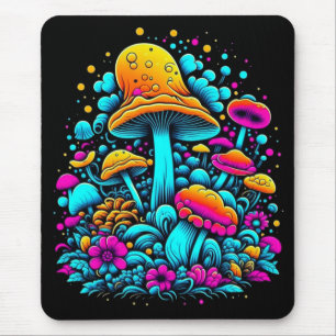 Tapis De Souris Champignons et fleurs rétro Neon Ai Art