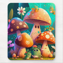Champignons mignons et fleurs buissons vert
