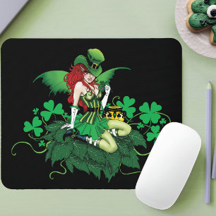 Tapis De Souris Chance Trèfle Vert Fée Rouge Cheveux Shamrock