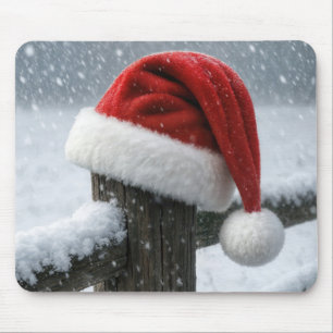 Tapis De Souris Chapeau de Père Noël sur une clôture enneigée