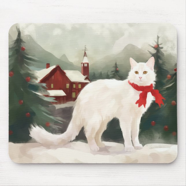 Tapis De Souris Chat Angora turc en Noël de neige (Devant)