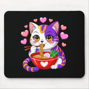 Tapis De Souris Chat Anime Mangeant des Nouilles Ramen Avec des Cœ