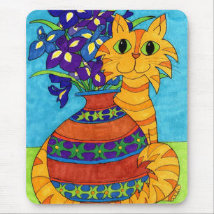 Tapis De Souris Chat avec Irises à Talavera Vase