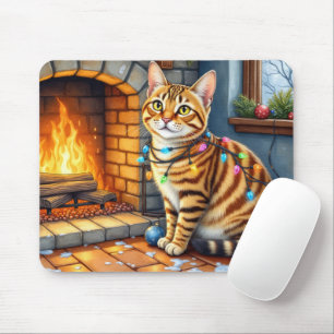 Tapis De Souris Chat Bengal devant une cheminée avec des lumières 