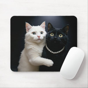 Tapis De Souris Chat blanc accroché à un chat noir