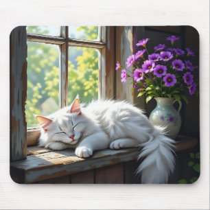 Tapis De Souris Chat blanc dormant et fleurs violettes