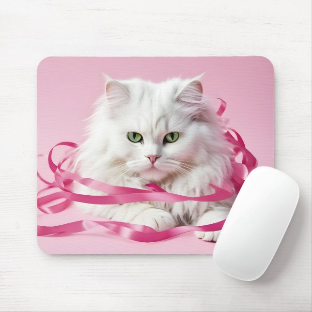 Tapis De Souris Chat Blanc En Tangé En Rubans Roses (Avec souris)
