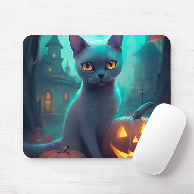 Tapis De Souris Chat bleu russe d'Halloween avec la peur Citrouill (Avec souris)