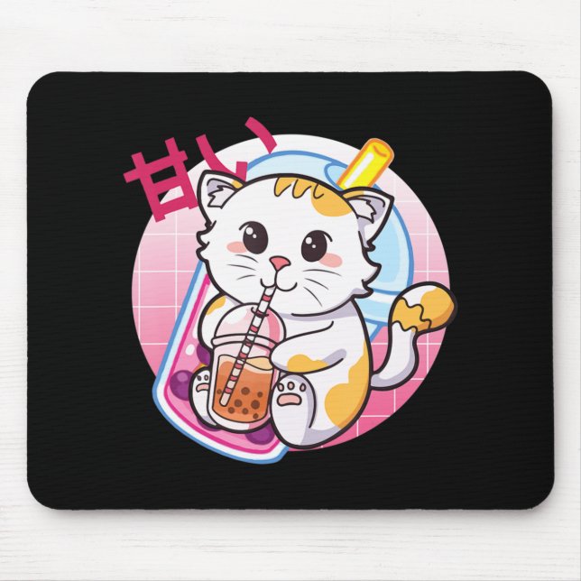 Tapis De Souris Chat Boba Tea Bubble Tea Amoureux des chats Anime  (Devant)