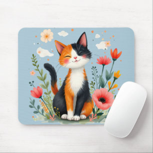 Tapis De Souris Chat Calico souriant dans le jardin fleuri