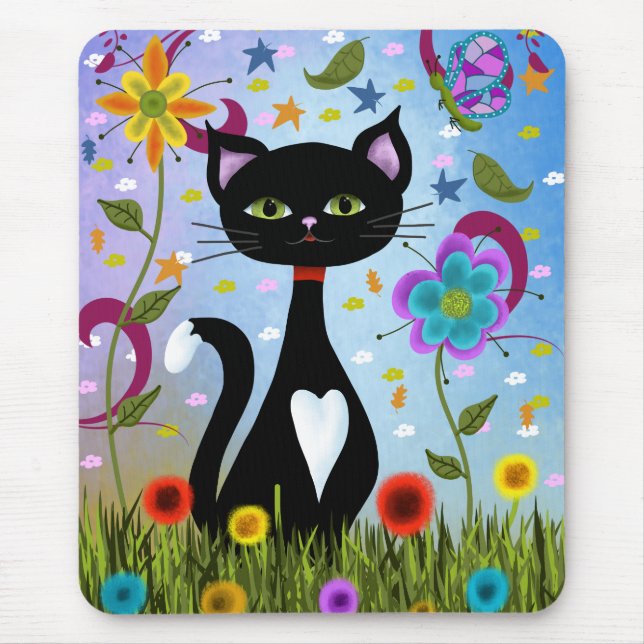 Tapis De Souris Chat Dans Un Jardin D'art Abstrait (Devant)