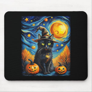 Tapis De Souris Chat de nuit effrayant Van Gogh Halloween Sorcière