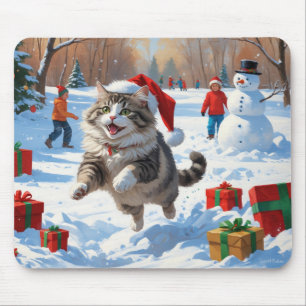 Tapis De Souris Chat de Sibérie courant dans la neige avec Casquet