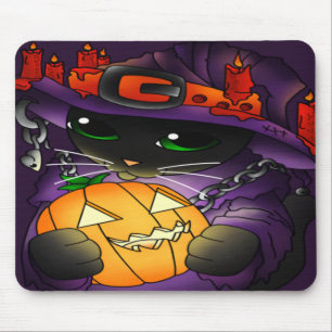 Tapis De Souris Chat de sorcière noire Citrouille d'Halloween