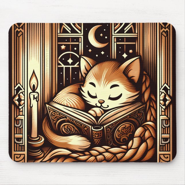 Tapis De Souris Chat De Style Art Déco Dormir Avec Livre (Devant)