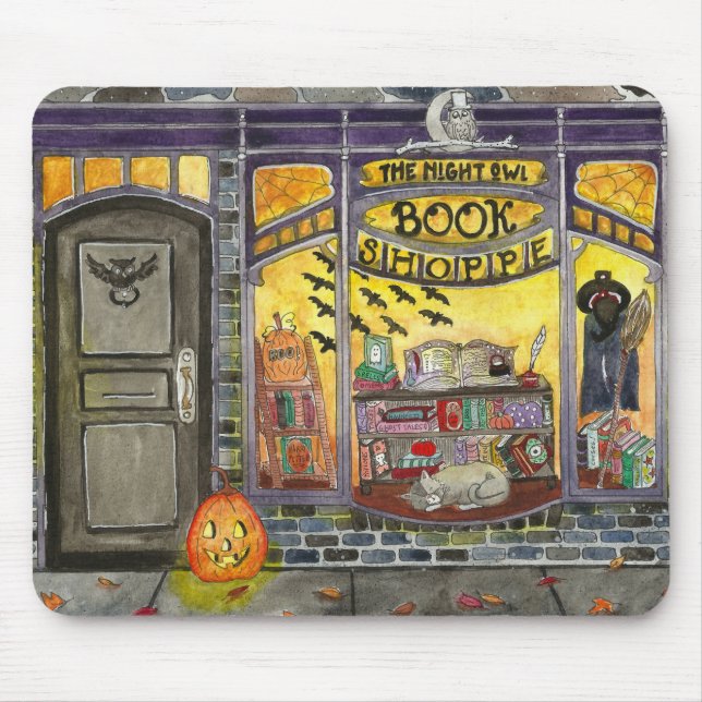 Tapis De Souris Chat d'Halloween et Boutique de livres (Devant)