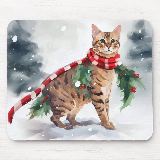 Tapis De Souris Chat du Bengale à Noël de neige (Devant)