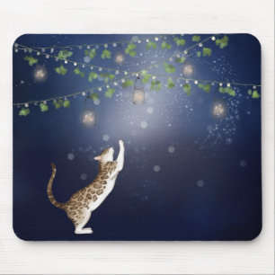 Tapis De Souris Chat du Bengale et lucioles et lanternes