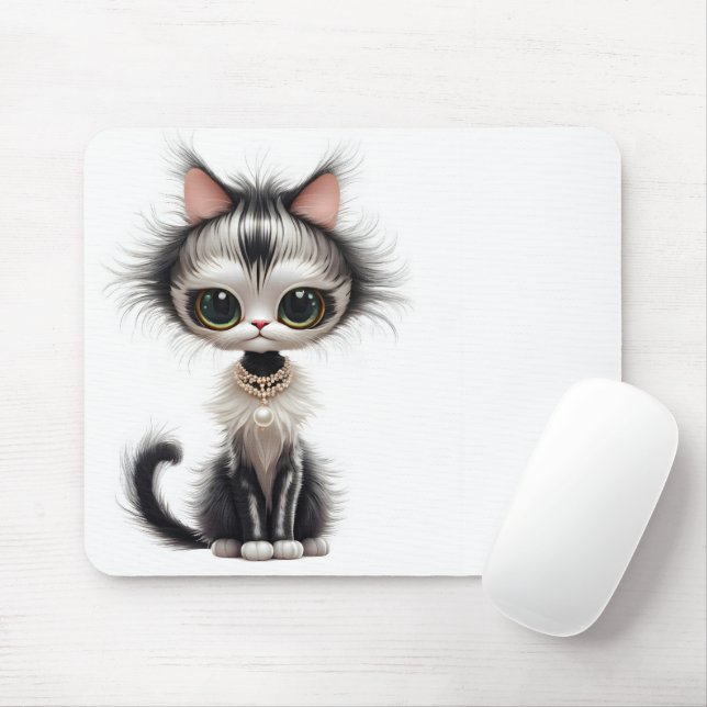 Tapis De Souris Chat En Dessin Avec Collier En Perle (Avec souris)