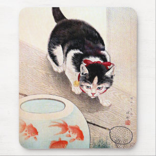 Tapis De Souris Chat et bol à poissons rouges,