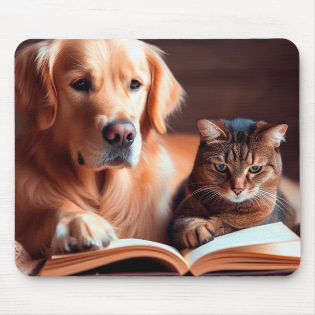 Tapis De Souris Chat et chien lisant un livre (Devant)