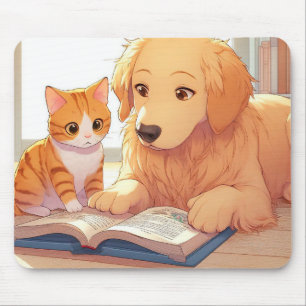 Tapis De Souris Chat et chien lisant un livre