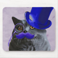 Chat gris avec chapeau bleu et moustache