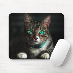 Tapis De Souris Chat gris et blanc avec yeux bleus et collier corr