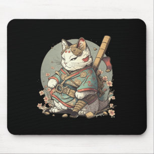 Tapis De Souris Chat Kawaii Style Samurai Anime Kitten japonais