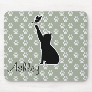 Tapis De Souris Chat mignon poursuivant un papillon Motif de patte