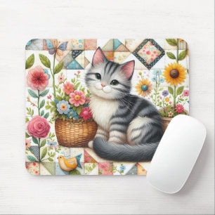 Tapis De Souris Chat mignon sur courtepointe florale Art Cottageco