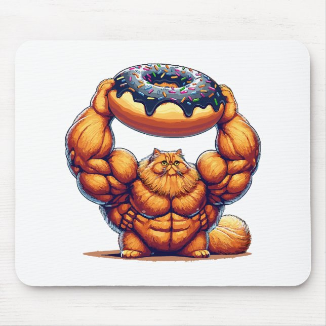 Tapis De Souris Chat Musclé qui Soulève un Beignet (Devant)